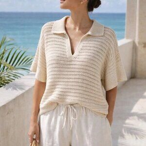 Max Studio London Knit V-neck sweater - Cream Linen Blend Size Medium
